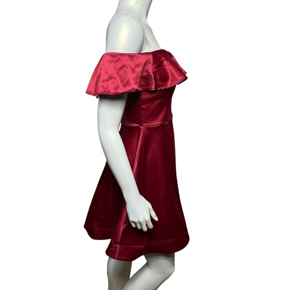 Off-Shoulder Satin Dress with Ruffle Detail in Burgundy, Size 7 - Picture 8 of 9